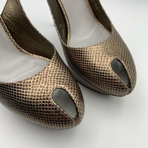 Sergio Rossi Lizard Embossed Peep Toe Sling Back Platform Heels Bronze Size 10 - Picture 3 of 12